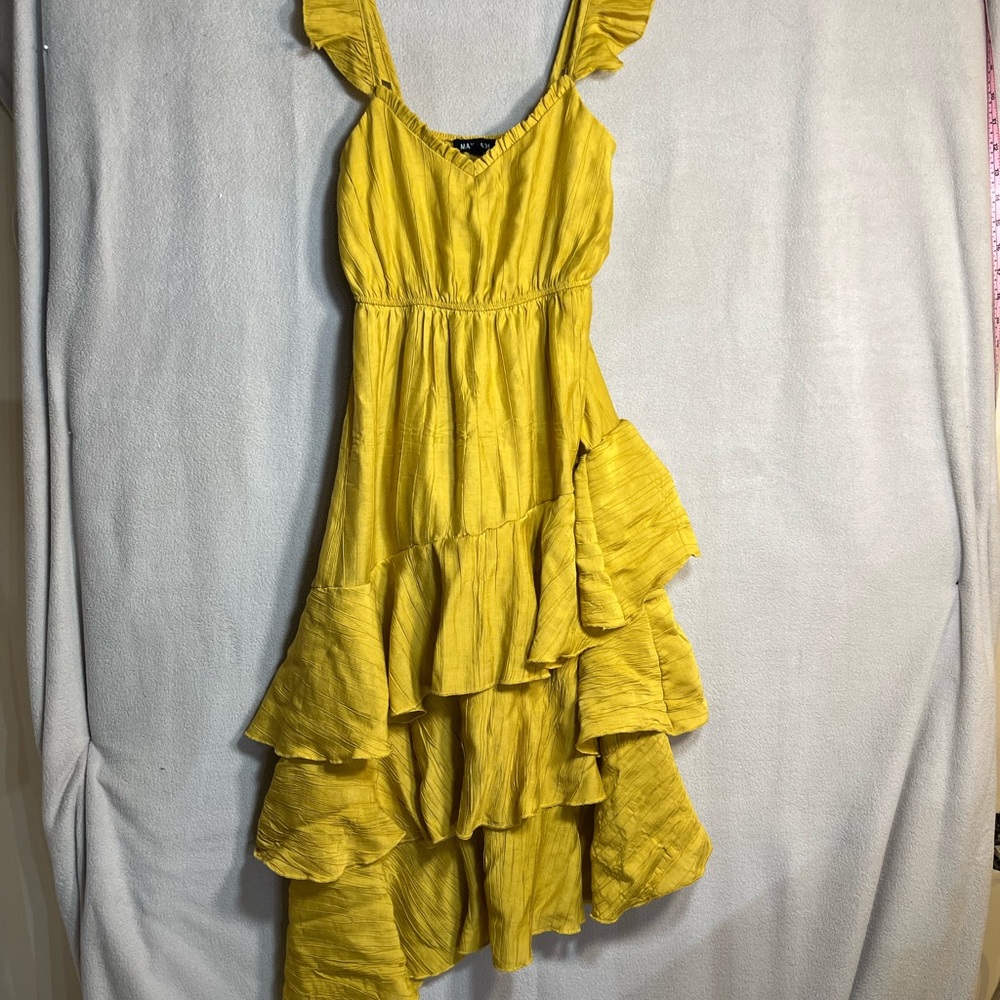 Max + Ash Golden Yellow Ruffled Asymmetrical Dress with Lining